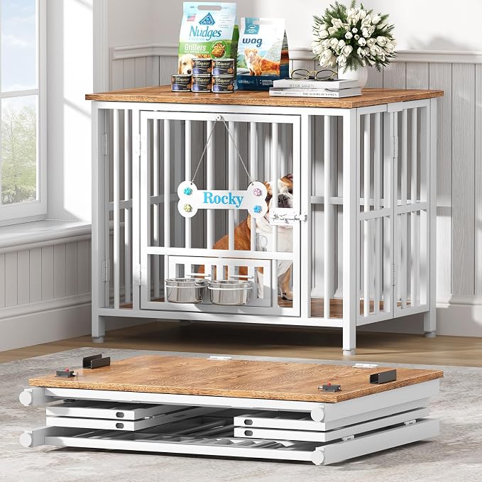 Easycom 31" Dog Crate Furniture Foldable, No Assembly Decorative Dog Kennel Indoor, Dog Crates for Medium Dogs(20-35 lb), Wooden Dog Cage with Adjustable Bowls and Name Tag, End Table, White & Beech