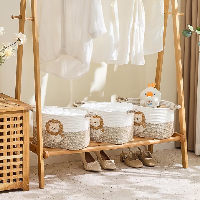 Storage Basket, Woven Baskets for Shelves, Lion | 3 Pack Boho Cotton Rope Storage Baskets, 14" x 9" x 8", Home Organizer for Nursery, Holds Toys, Books & Towels