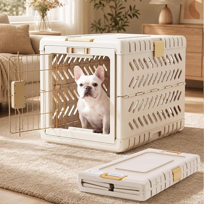 Collapsible Dog Crate for Small/Medium Dogs - 28" L Foldable Dog Cage No-Tool Assembly, Travel Dog Crate with 2 Wheels - Easy to Carry, Space-Saving, Indoor Outdoor Use, Cream, 28”L*18.3”W*20.9”H