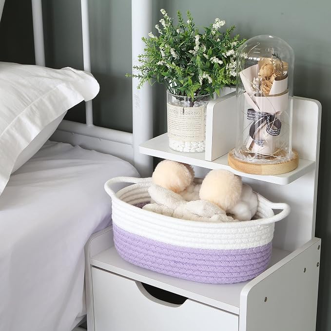 Sea Team 2-Pack Compact Woven Cotton Rope Storage Baskets, Lavender | Knitted Decorative Organizer Bins with Handles, Portable Oval Containers for Small Items, Keys, Makeup, Jewelry, Trinkets