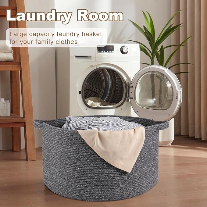 OIASKET Large Woven Baskets for Storage, 23.6" x 23.6" x 14.6" Blanket Storage Living Room, Baby Toy Basket for Clothes, Pillows, Towels, Shoe Basket for Entryway (Dark Grey)