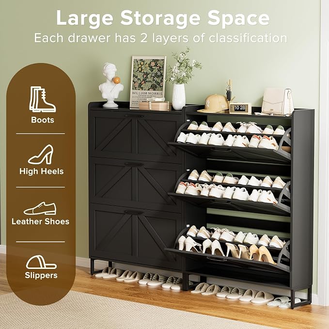 Urban Deco Entryway Shoe Storage Cabinet with 3 Flip Drawers, Elegant Stable Freestanding Shoe Organizer, Anti-Tipping Design (Black)