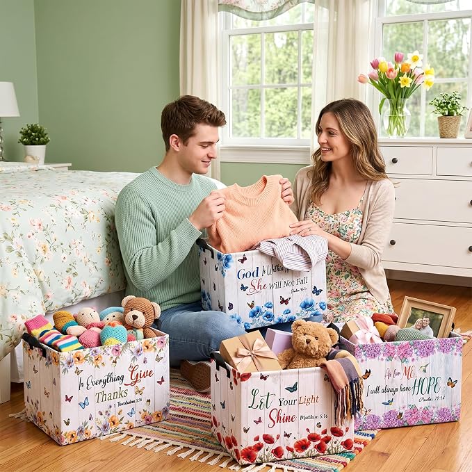 4 Pcs Christian Floral Storage Basket for Gifts Large Bible Verse Butterfly Floral Storage Bins with Handles 15 x 10 x 8 Fabric Inspirational Collapsible Organizer Boxes for Home Clothes Toys