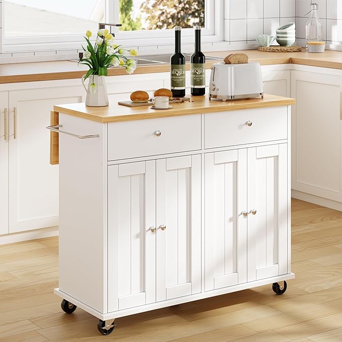 JY QAQA 39" Rolling Kitchen Island Cart on Wheels, Mobile Storage Cabinet with 2 Drawers & Double Door Cabinet, Cart Handle for Towel Rack or Free Mobility, Portable Islands for Kitchen, White