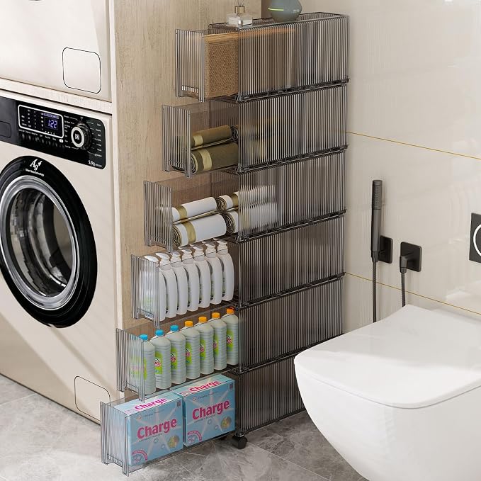 KHNR Slim 6 Tier Bathroom Storage Cabinet with Wheels, Narrow Gap Organizer Shelf, Tower for Shampoo, Towels, Toilet Paper Toiletries, Perfect for Bathroom Corner or Beside Toilet, Clear Grey