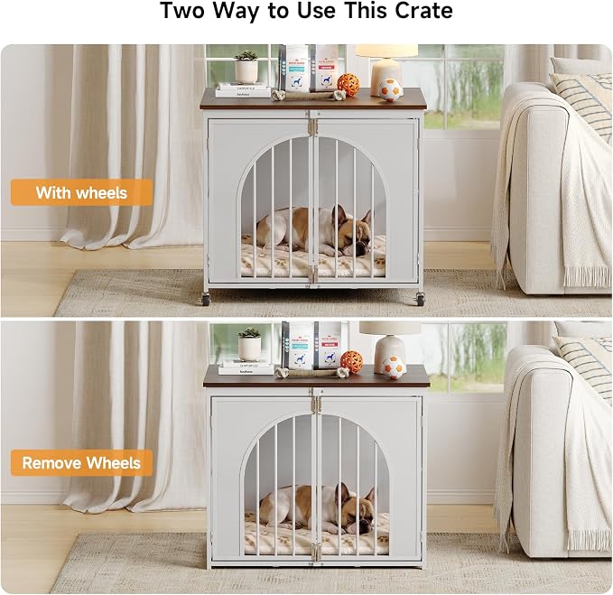 ONBRILL 31" Heavy Duty Foldable Dog Crate Furniture, Small Dogs, White | Fold it away when needed, while removable wheels and spring locks make everyday use more convenient