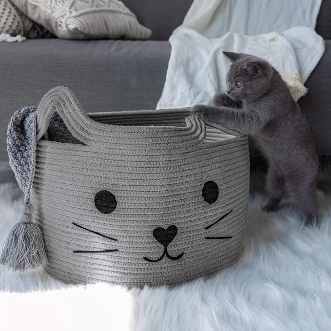 Large Woven Rope Cat Toy Basket with Cat Face Design, Grey | 15.7" x 11.8" Toy Bin & Box for Living Room Nursery, Baby Storage Basket for Towels, Blankets, with Sturdy Handles