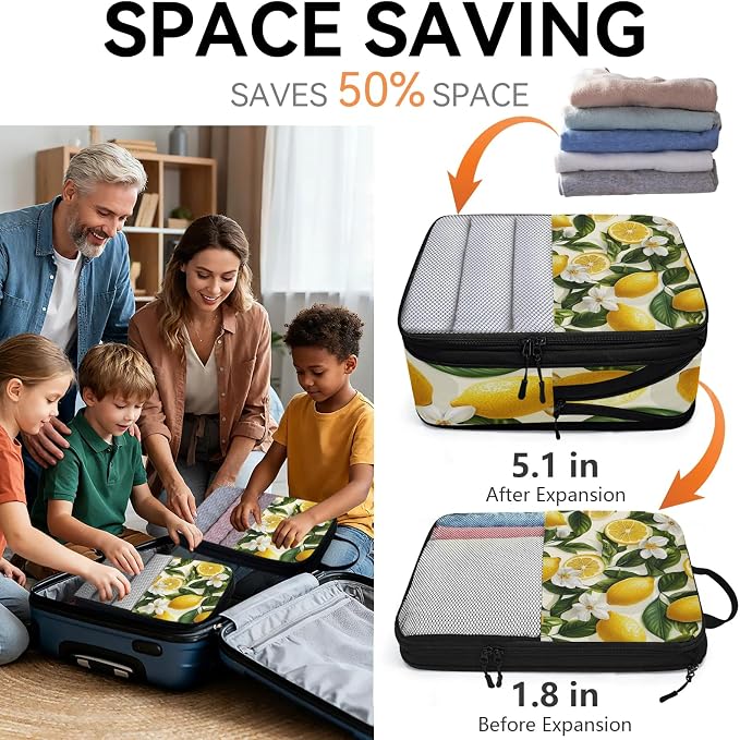 Lemon 6 Set Compression Packing Cubes Fruits Leaves Expandable Packing Organizer for Travel Accessories Luggage Suitcase Bag