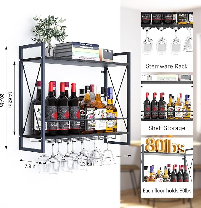 Dokser Wine Rack Wall Mounted 2 Tier Shelf Wine Bottle Holder for Kitchen | Black 2 Tier Wall Wine Rack with Rustic Wood & Industrial Iron Frame, Wine Bottle Holder for Dining Room, Home Bar Decor
