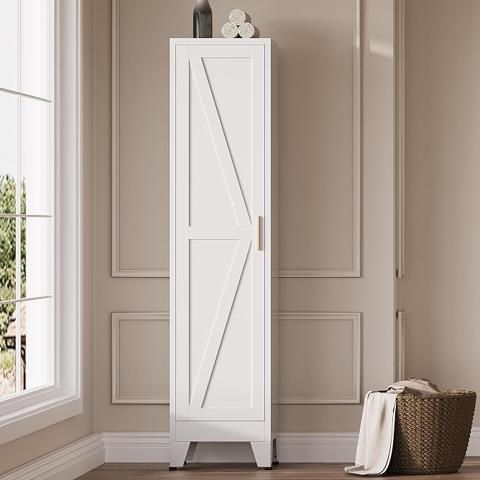 67" H Broom Closet Storage Cabinet,Metal Cleaning Cabinet,Narrow Storage Cabinets with 4 Adjustable Shelves,Slim Tall Floor Cabinet