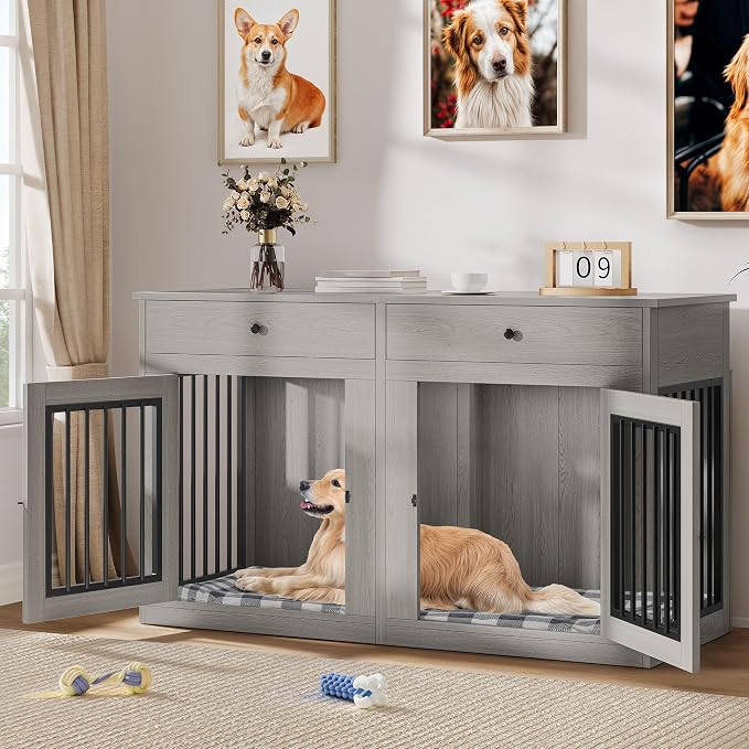 YITAHOME 60" Dog Crate Furniture with Removable Divider & Storage Drawers | Double Door Kennel with Locks for Medium and Large Dogs, Multi-Functional Dog Crate End Table, Grey