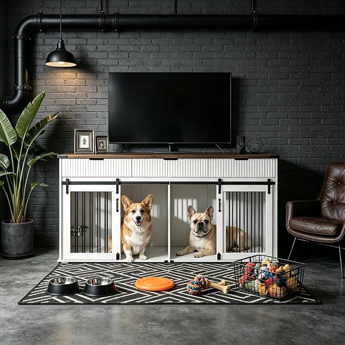 71" White+Walnut Double Dog Crate TV Stand with Charging & Feeder | 3 Fluted Drawers, Rotating Feeder Design, Heavy Duty Frame, for 2 Dogs, Indoor Pet Kennel
