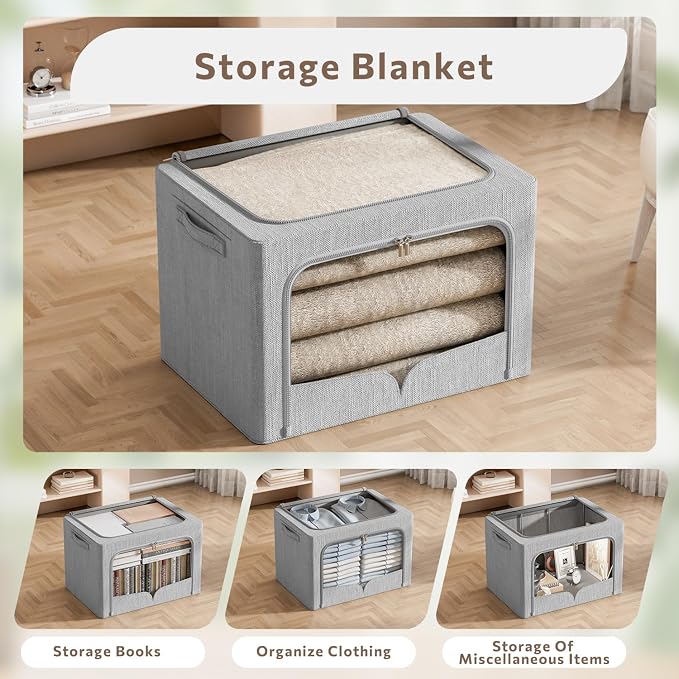 FHSQX 3 Pack Clothes Storage Bins Foldable Metal Frame Storage Box Extra Large Stackable Linen Fabric Organizer Set with Carrying Handles and Clear Window (Light Gray, 23.6x16.5x15.7inch(100L))