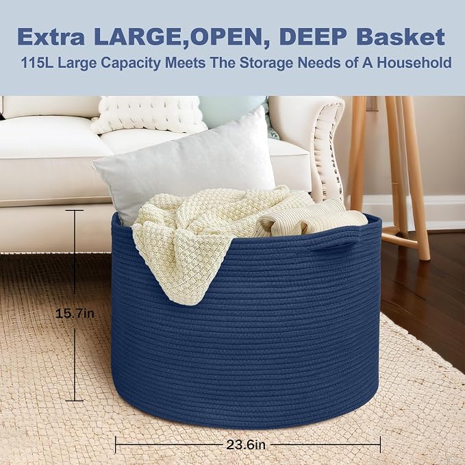 115L Dark Blue Basket for Organizing, 23.6" x 15.7" XXXL Woven Cotton Rope Laundry Basket, Oversized Blanket Storage for Living Room Bedroom, Kids Toy Box Organizer, Pool Towel Storage Bin