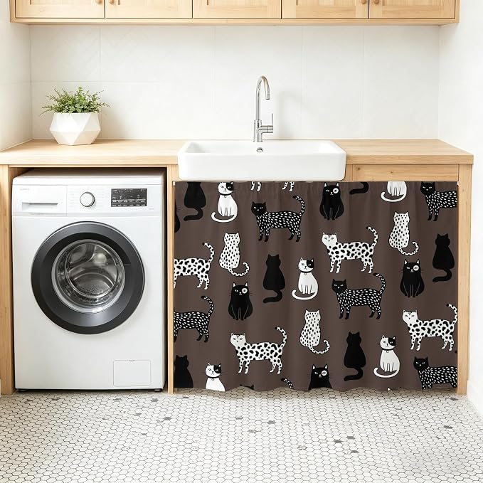 Cat Animal Sink Skirt 11"Wx13"L, Dustproof Under Sink Curtain with Self Adhesive Tape, Black White Earthy Tone Vintage Pet Cabinet Curtain Cover for Bathroom Vanity, RV, Kitchen Cabinet Storage Shelf