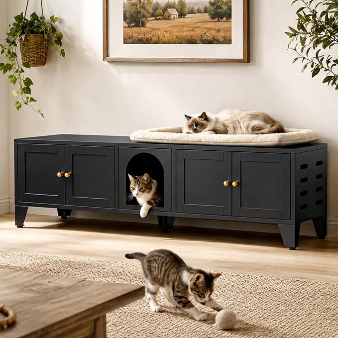Cat Litter Box Enclosure for 2 Cats, 58" Long Metal Pet House Washroom Dog Proof Furniture, Double Hidden Little Box Cabinet, Living Room TV Stand Table, Indoor Cat House, Assembly Required
