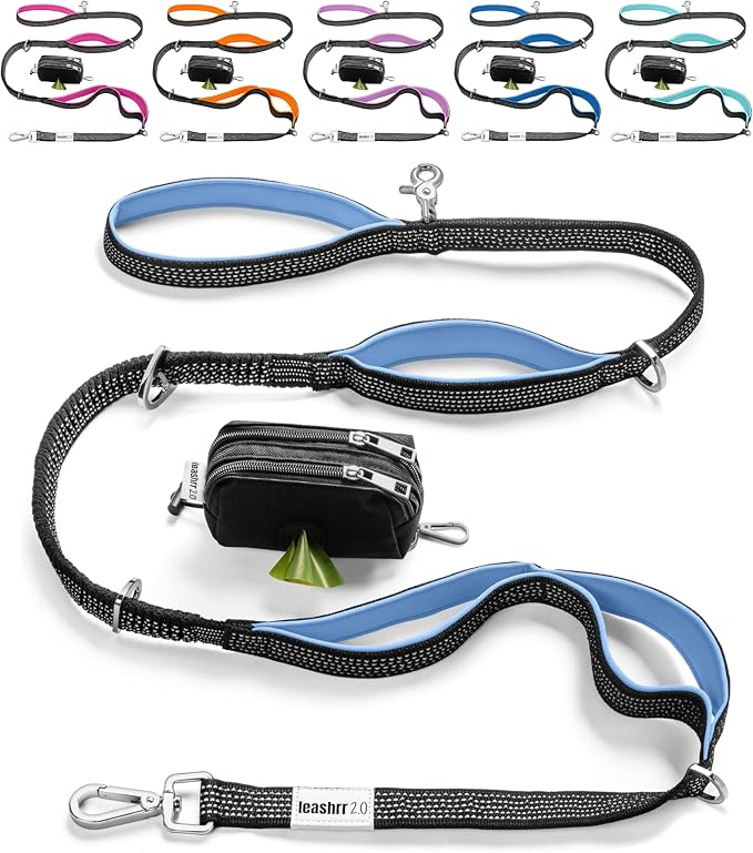 Heavy Duty Dog Leash for Large Dogs – 6FT Reflective Bungee with Padded Handles, Strong Carabiner Clip, No Pull Control for Medium & Large Breeds, Includes Poop Bag Holder & Treat Pouch (Purple-Blue)