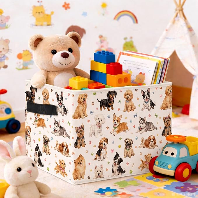 Cute Puppy Dogs Storage Bin, Foldable Fabric Organizer | Colorful puppy dog storage bin for toys, books, clothes, pet supplies, kids rooms, playrooms, shelves, and closets.