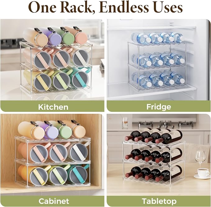 LAMU Stackable Water Bottle Organizer Holder Tumbler Cup Storage Rack | 3 Tier Clear PET Holder for Stanley 16-40oz Large Water Bottle Tumbler Cup Storage for Kitchen Cabinet Pantry Countertop