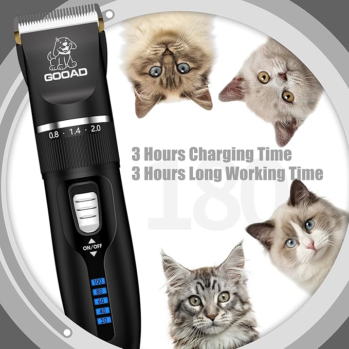 Goood Cat Clippers for Matted and Long Hair - Cordless, Low Noise Paw Trimmer, Quiet Pet Hair Clippers for Cats and Dogs (Black)