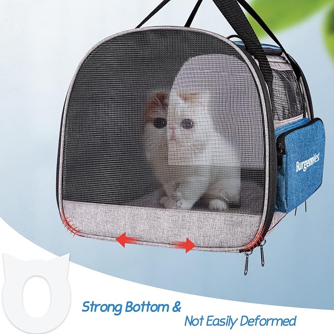 BurgeonNest Pet Carrier for Large Cats up to 25 lbs with Unique Side Bag | Soft-Sided Top Load Pet Crate for Big Cats Small Dogs, Stable Steel Frame with 4 Ventilated Windows, Car Travel, Large Blue