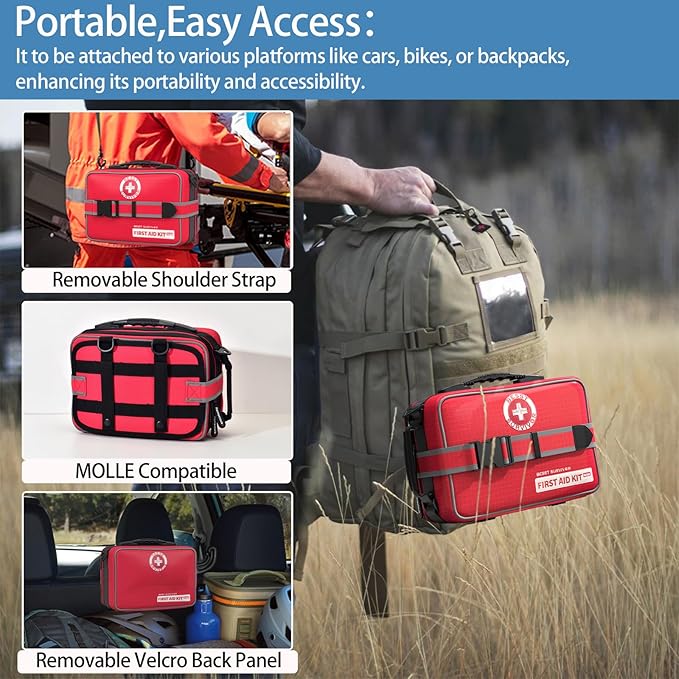 Besst Survivor 401 Pieces First Aid Kit with 2 Chest Seals & Israeli Bandage -Waterproof, Expandable Trauma Bag for Home, Car, Camping, Outdoor Emergency (Labeled Compartments, MOLLE Mountable)