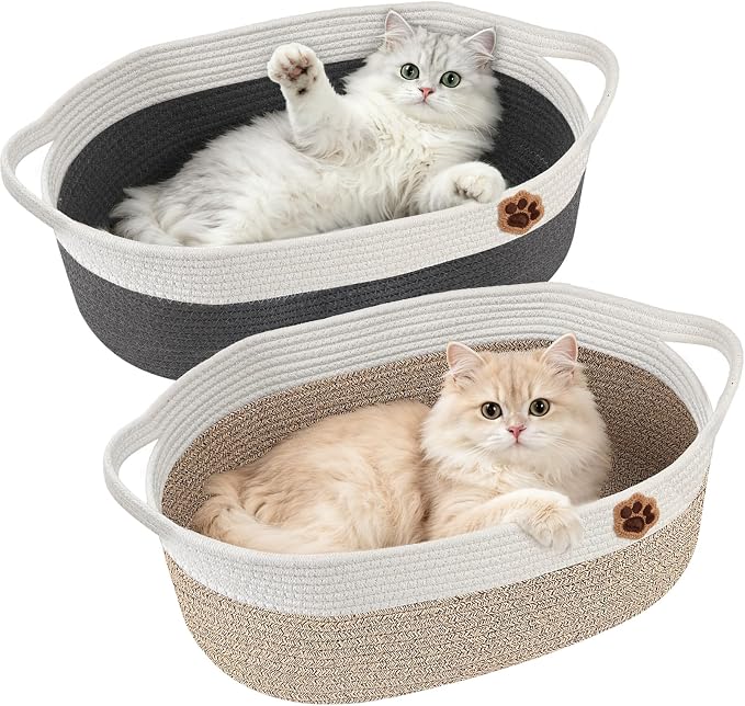 SZEE 2 Pack Stimulicat Handwoven Cat Basket, Large Instinct Cat Bed Baskets | Woven Cotton Rope Cat Scratcher Basket & Pet Toy Organizer, Breathable with Reinforced Handles, 19.7"x11"x7.9", Beige+Gray