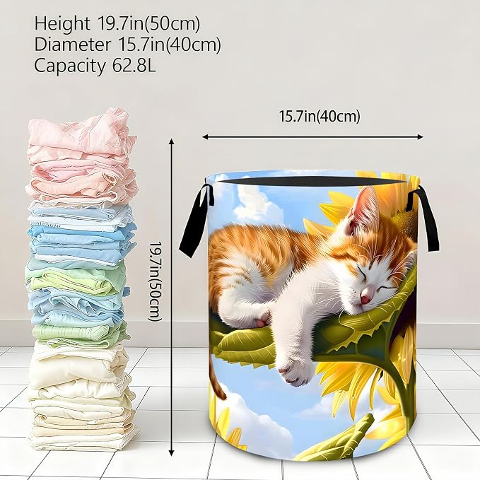 Cute Cat Sunflower Laundry Basket,Dirty Clothes Hamper,Adorable Kitten Flower Storage Bin Gifts,Foldable Waterproof Oxford Cloth Baskets for Bathroom,Bedroom,Home Decoration(19.7" x 15.7")