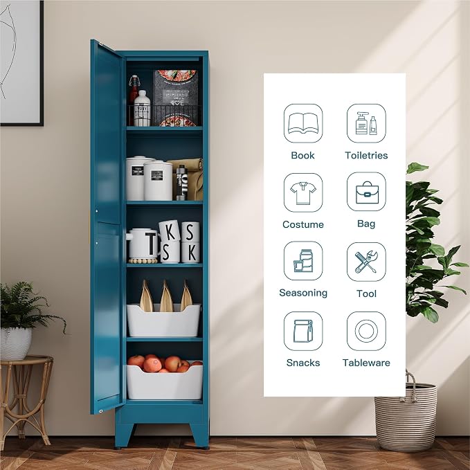 YAUWOH White Narrow Metal Storage Cabinet, Tall Freestanding Cabinet with 4 Adjustable Shelves & Barn Doors, Pantry Organizer for Bathroom Kitchen Home Office Dining Room（1PC,Blue
