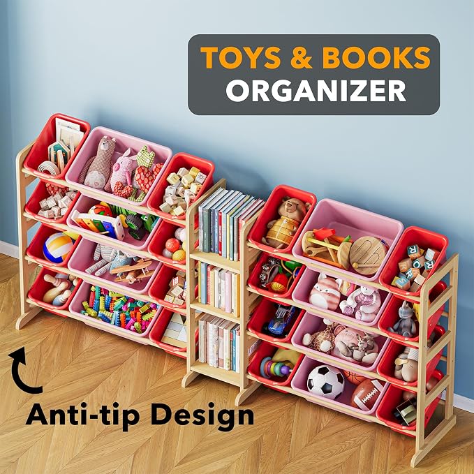 SpaceAid Large Toy Storage Organizer with 24 Bins and 3 Shelves, Toy Organizers Storage Bookshelf, Kids Bin Shelf Box Bookcase for Bedroom Playroom Organization Room Decor, Red and Pink