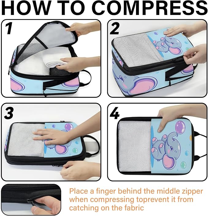 Blue Elephant 6 Set Compression Packing Cubes Cute Expandable Packing Organizer for Travel Accessories Luggage Suitcase Bag