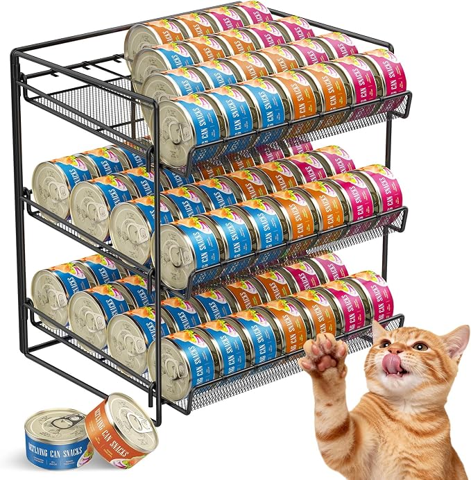 Cat Food Can Organizer 3-Tier Can Organizer for Pantry 84 Cans 3.5oz | Black metal 3-tier cat food can organizer,Holds 84 cans 3.5oz,Adjustable pantry countertop storage for kitchen cabinet