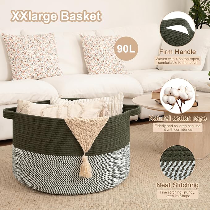 OIAHOMY 90L XXXLarge Blanket Basket for Living Room, 21.7" x 13.8" Woven Cotton Rope Laundry Basket for Organizing Pillows, Decorative Stuffed Animal Toy Storage for Nursery, Green and Grey
