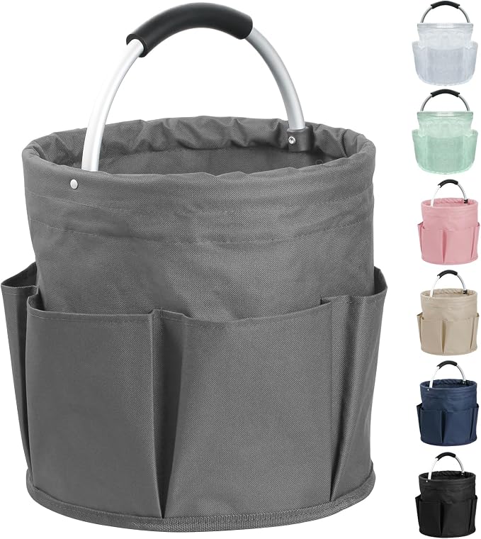 17L Collapsible Cleaning Supplies Caddy with Handle for Travel, Dark Gray | IHOMAGIC 600D Oxford Bucket Tool Organizer, Cleaning Tote with 6-pockets, Portable Storage Basket for Home, Hotel, Restaurant