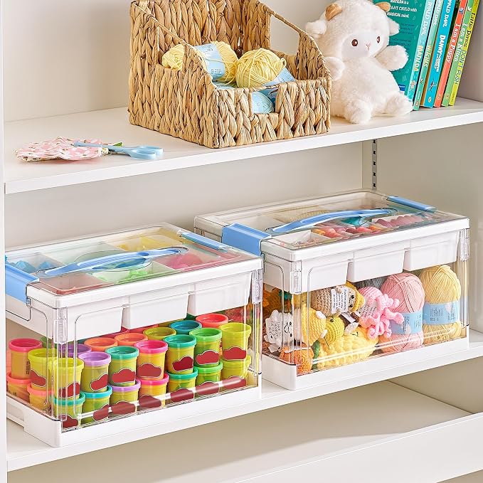 Vtopmart 24 QT Blue Clear Craft Organizer with Tray & Dividers, 1 Pack | Storage Box for Coloring Books, Modeling Clay, Molds and Art Supplies, Removable Tray for Craft Supplies Organization