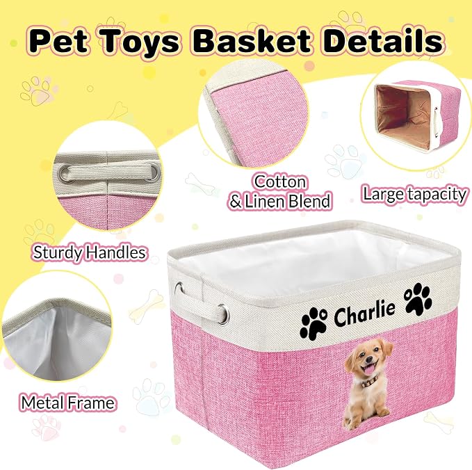 Personalized Dog Toy Storage Basket with Photo Name | Custom Dog Food Organizer Fabric Bins for Clothes Blankets Dolls-Blue