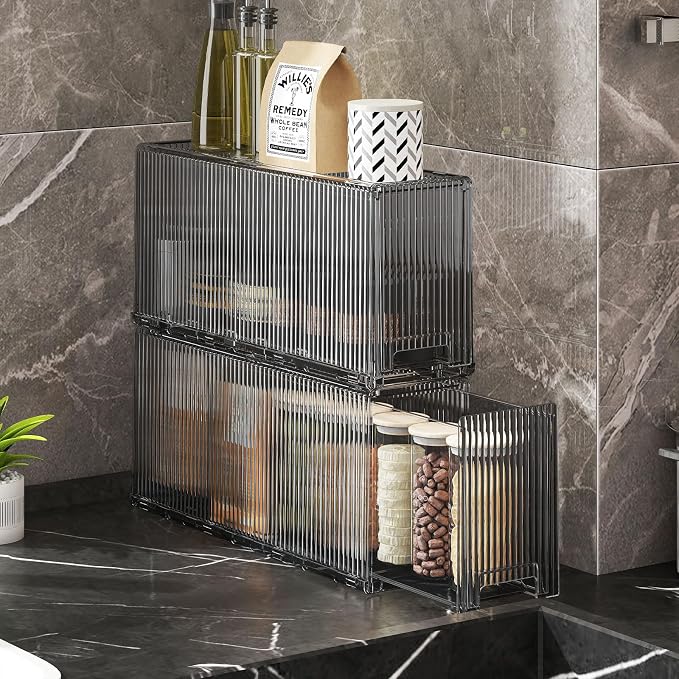 KHNR Slim 2 Tier Kitchen Spice Rack Shelf Organizer with Wheels, Narrow Gap Storage Cabinet for Bottles, Cans & Seasoning Jars, Food Grade PET, Perfect for Refrigerator Side or Pantry, Clear Grey