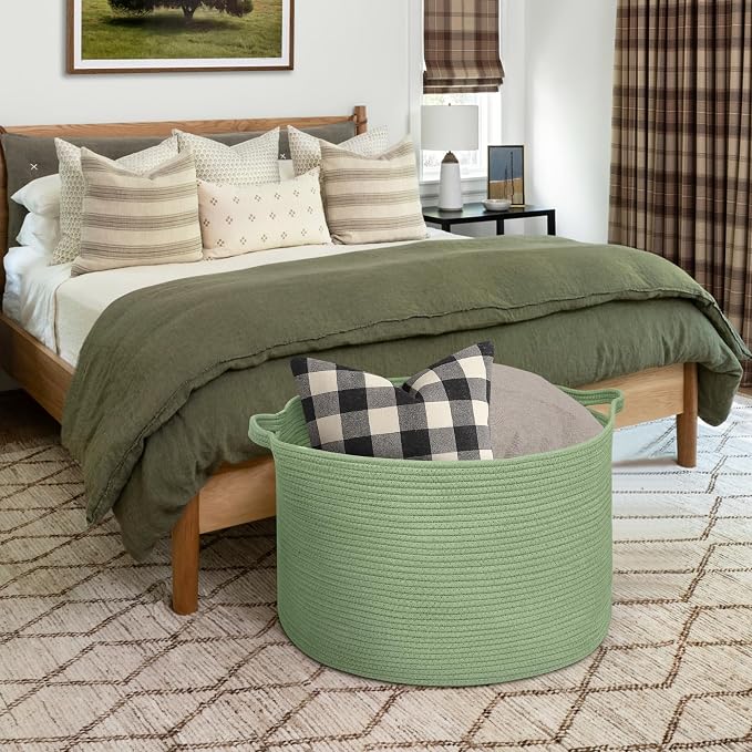 115L Oversized Green Basket, 23.6"x15.7" Woven Cotton Rope Bin for Blankets, Nursery Wicker Laundry Hamper, Kids Toy Storage Bin, Sage Green Living Room Bedroom Decor Baskets for Organizing