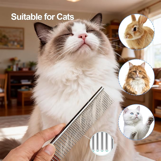 Dog Comb for Grooming Matting, ddoutot Cat Domb with Rounded Ends Stainless Steel Teeth, Metal Comb for Dogs-Long and Short Haired such as Greyhound Poodle Doodle and Pet Cat, 7.4"/Sliver
