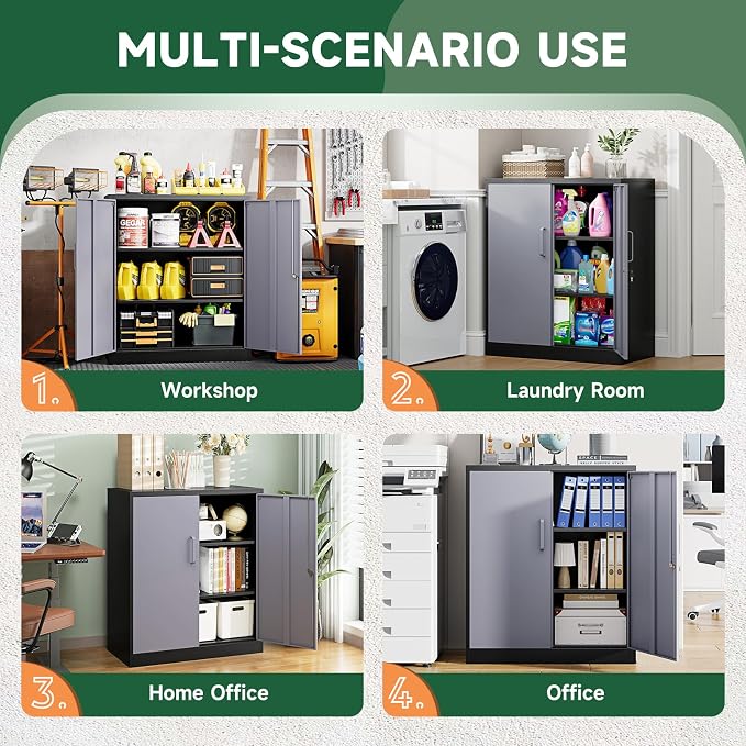 Metal Storage Cabinets with Lock Door and Shelves, Steel Garage Tool Cabinets for Home,Office, Warehouse,Lockers (36“-Black&Gray)