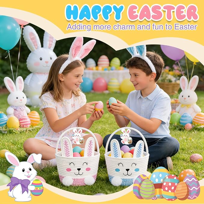 Easter Basket, Personalized Baby Easter Gifts Basket Empty with Handle, Bunny Ears Headband, Woven Cotton Rope Egg Baskets for Boys Girls Kids Toddler