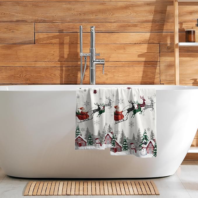 Giwawa Santa Claus Hand Towel Set of 2 Xmas Tree Balls Reindeer Sleigh Buffalo Plaids Towels Winter Snowman Snowflakes Soft Microfiber Dish Wash Cloth for Bathroom Guest Holiday Gym Decor