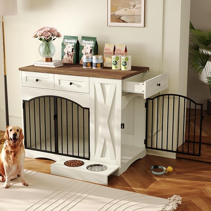 43.3" Farmhouse Dog Crate Furniture with 3 Drawers, Beige & Brown | Indoor Wooden Heavy Duty Dog Kennel Furniture with Removable Feeder, Dog Cage End Table for Medium Large Dogs