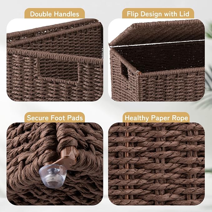 OIAHOMY Laundry Hamper with Lid, 65L(17.2 Gal) Large Wicker Laundry Basket for Bedroom, Handwoven Paper Rope Clothes Hamper with Washable Liner & Metal Frame, Decorative organizer for Bathroom Brown