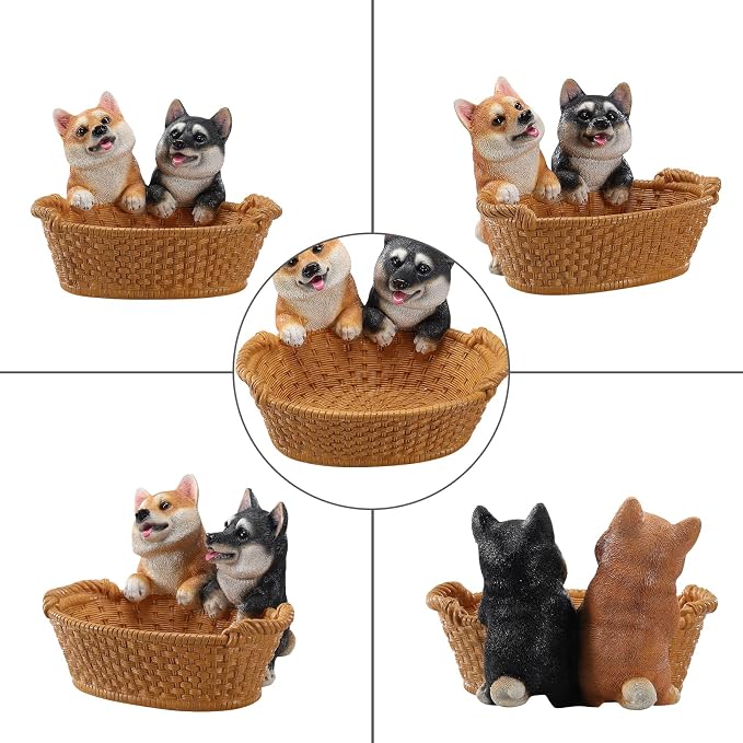 Resin Double Shiba Inu Desktop Storage Basket, Decorative Catchall Bowl & Key Tray for Entryway Table, Cute Dog Statue Organizer, Pet Lover Gift