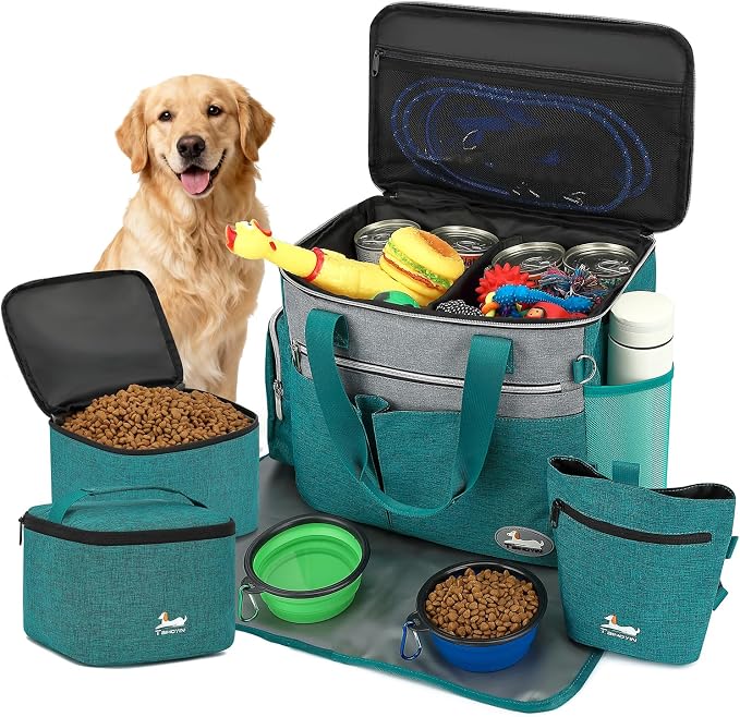 Dog Travel Bag for Pet Kit for Supplies with 2 Food Storage Containers 2 Collapsible Bowls 1 Feeding Mat 1 Dog Treat Pouch 7-Piece Set Perfect Road Trips Camping Weekend (Olive Green)