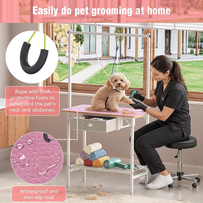 32-Inch Adjustable Dog Grooming Table with Drawer & Mesh Tray, Pet Grooming Table with Non-Slip Removable Washable Mat & EVA Protective Lanyard, Professional Grooming Table for Small Dog at Home（Pink