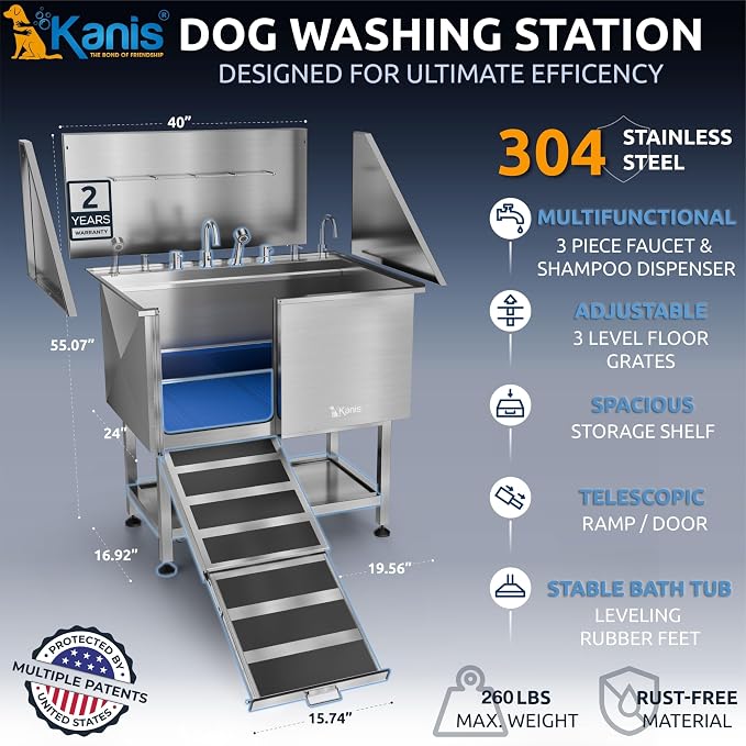 Professional Dog Washing Station 304 Stainless Steel Pet Wash Sink | Grooming Bathtub w/Shower, Floor Grates and Storage for Large, Medium & Small Pets