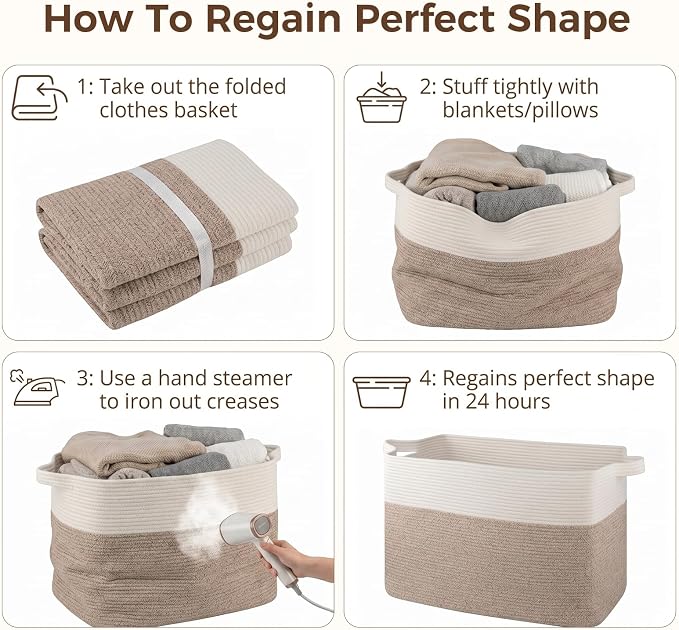 OIASKET 108L Cotton Rope Storage Basket for Living Room and Bedroom 25"x16"x16" Woven Laundry Basket, Heavy Duty Bin for Blankets, Pillows & Toys, Pet-Safe & Scratch-Free, Brown and White