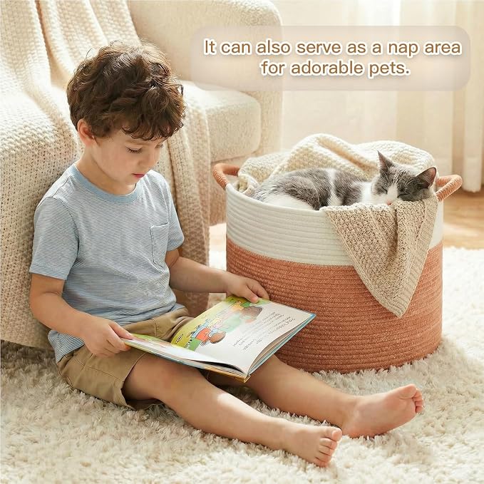 Artfeel 40L Large Cotton Rope Basket, Decorative Woven Blanket Storage for Living Room, Boho Toy Storage & Toy Box for Kids, Versatile Laundry Basket & Nursery Hamper for Blankets(Orange)